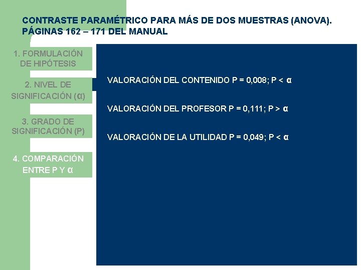 CONTRASTE PARAMÉTRICO PARA MÁS DE DOS MUESTRAS (ANOVA). PÁGINAS 162 – 171 DEL MANUAL