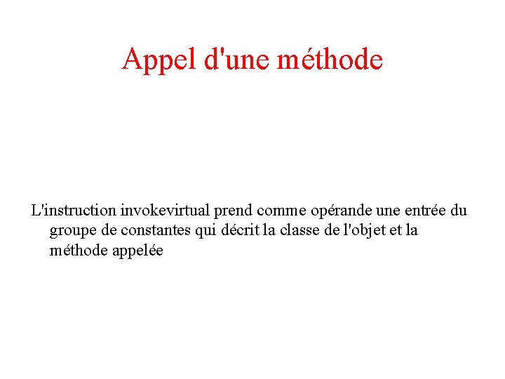 Appel d'une méthode L'instruction invokevirtual prend comme opérande une entrée du groupe de constantes