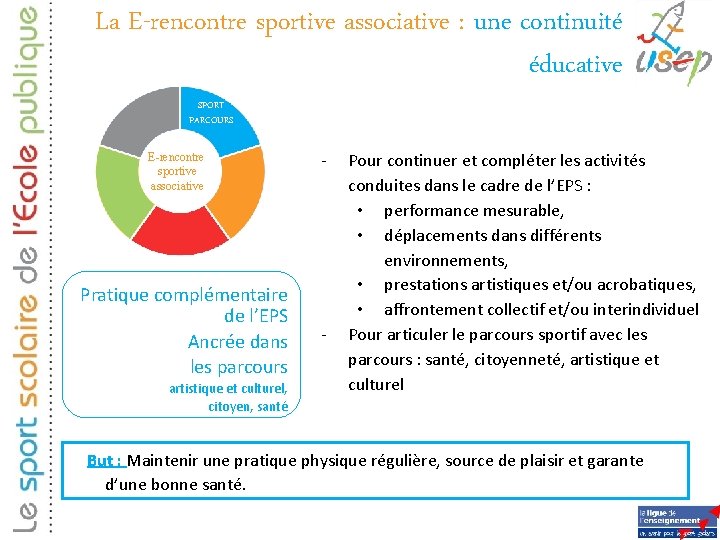 La E-rencontre sportive associative : une continuité éducative SPORT PARCOURS E-rencontre sportive associative Pratique