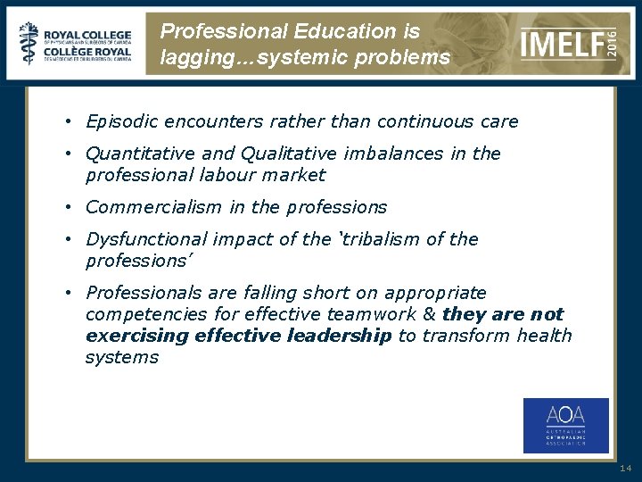 Professional Education is lagging…systemic problems • Episodic encounters rather than continuous care • Quantitative