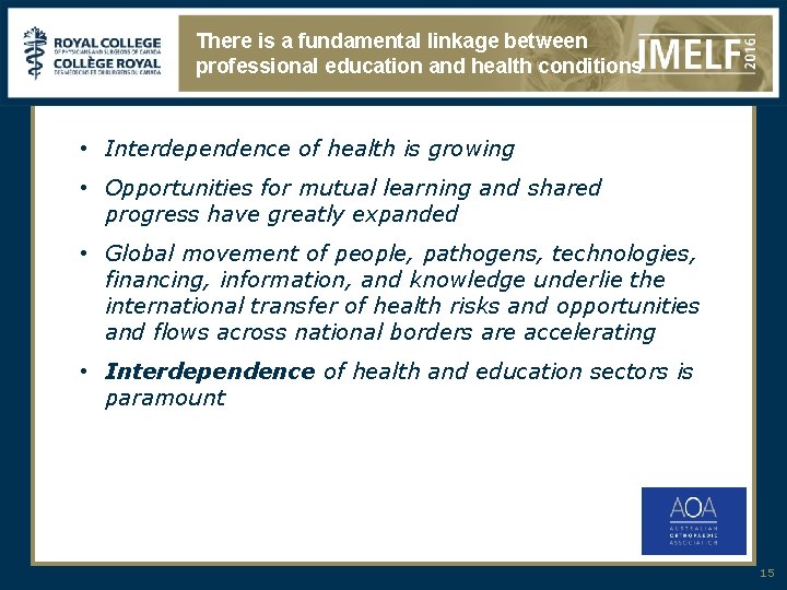 There is a fundamental linkage between professional education and health conditions • Interdependence of