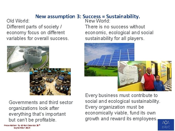 New assumption 3: Success = Sustainability. Old World: Different parts of society / economy