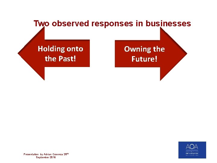 Two observed responses in businesses Holding onto the Past! Presentation by Adrian Cosenza 28