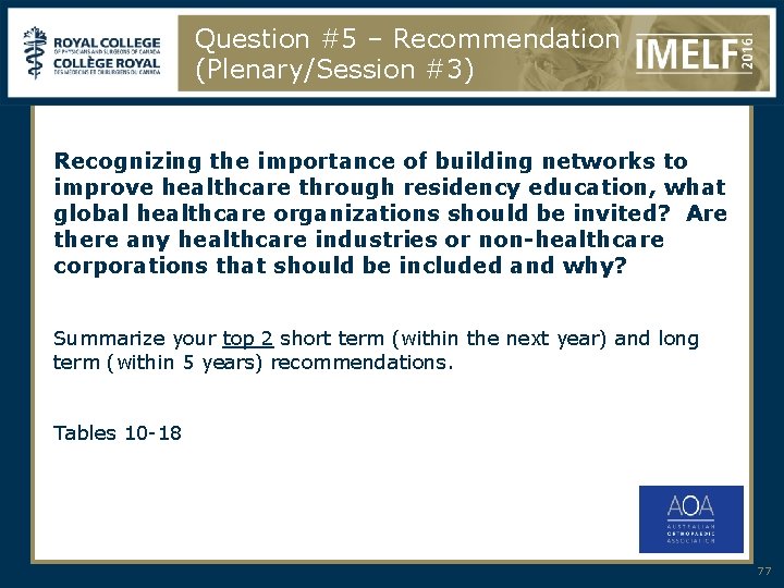 Question #5 – Recommendation (Plenary/Session #3) Recognizing the importance of building networks to improve