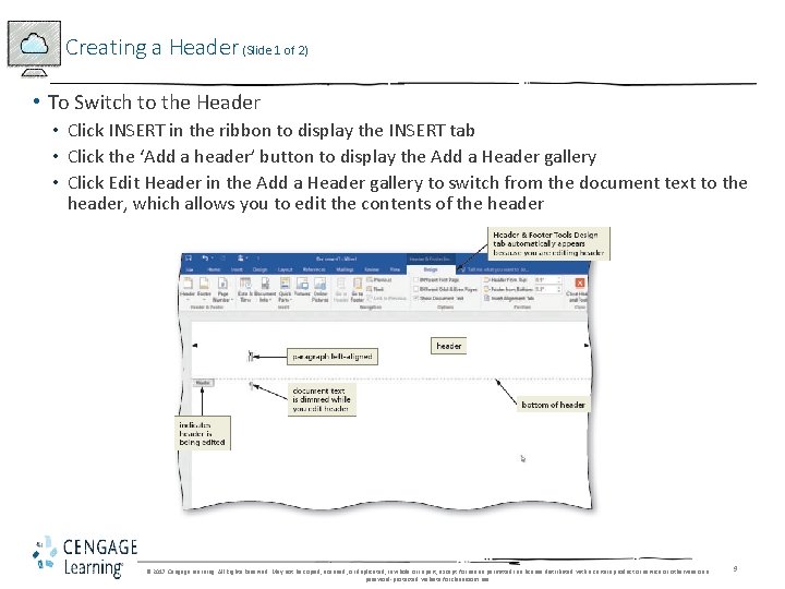 Creating a Header (Slide 1 of 2) • To Switch to the Header • Creating a Header (Slide 1 of 2) • To Switch to the Header •