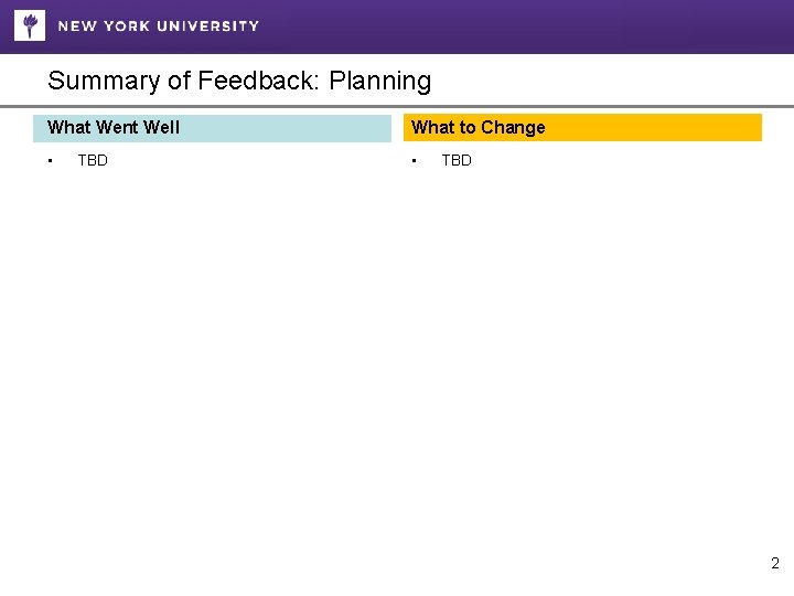 Summary of Feedback: Planning What Went Well What to Change • • TBD 2