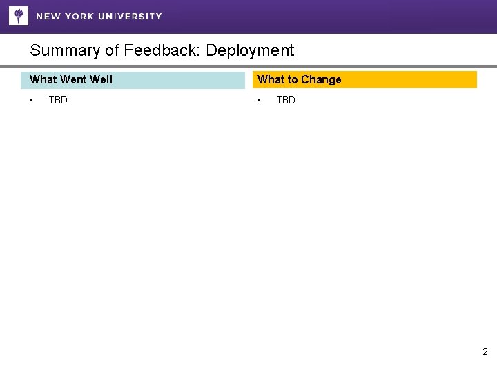 Summary of Feedback: Deployment What Went Well What to Change • • TBD 2