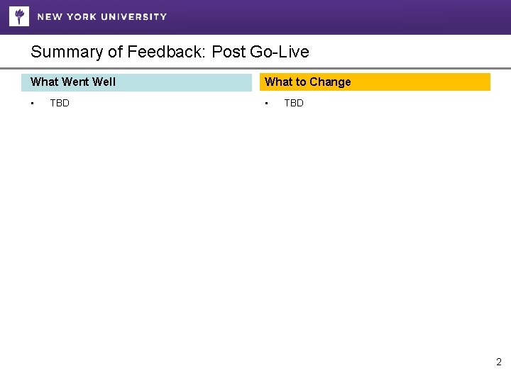 Summary of Feedback: Post Go-Live What Went Well What to Change • • TBD