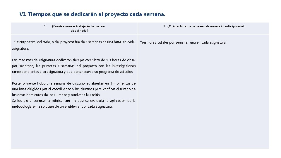 VI. Tiempos que se dedicarán al proyecto cada semana. 1. ¿Cuántas horas se trabajarán