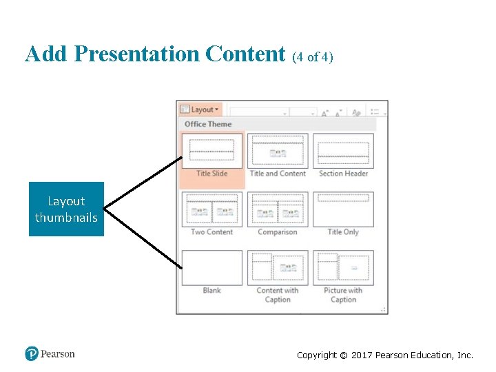 Add Presentation Content (4 of 4) Layout thumbnails Copyright © 2017 Pearson Education, Inc.