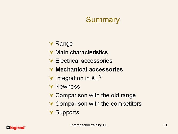 Summary Ú Range Ú Main charactéristics Ú Electrical accessories Ú Mechanical accessories Ú Integration