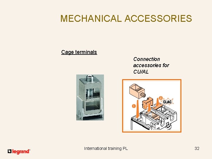 MECHANICAL ACCESSORIES Cage terminals Connection accessories for CU/AL International training PL 32 