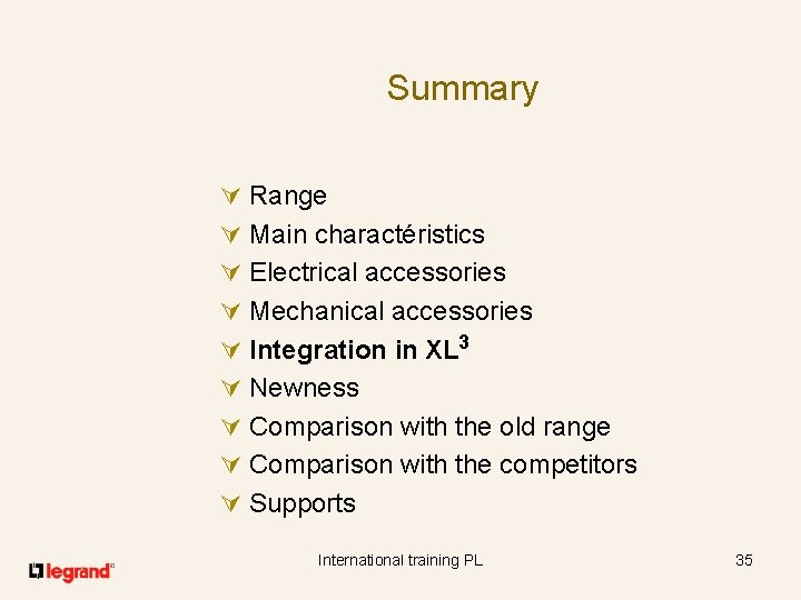 Summary Ú Range Ú Main charactéristics Ú Electrical accessories Ú Mechanical accessories Ú Integration