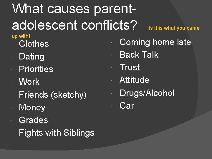 What causes parentadolescent conflicts? up with! Clothes Dating Priorities Work Friends (sketchy) Money Grades