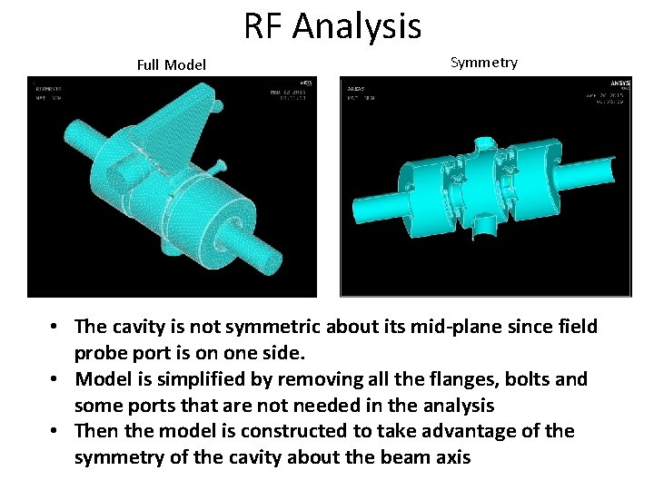 RF Analysis Full Model Symmetry • The cavity is not symmetric about its mid-plane RF Analysis Full Model Symmetry • The cavity is not symmetric about its mid-plane