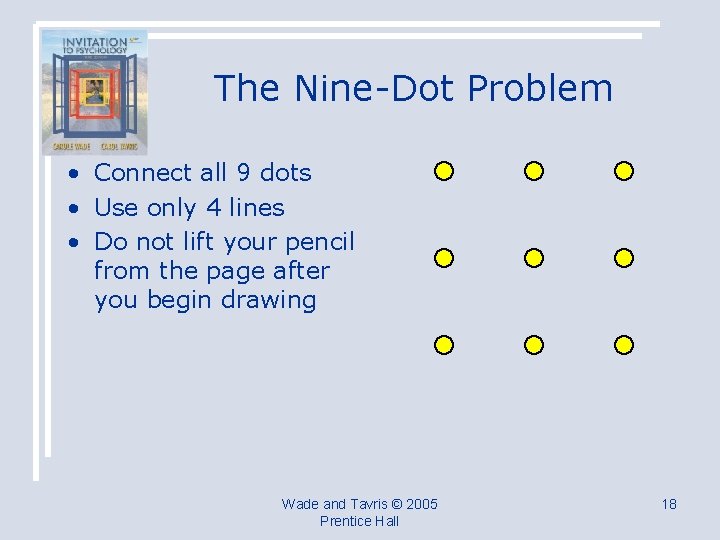 The Nine-Dot Problem • Connect all 9 dots • Use only 4 lines •