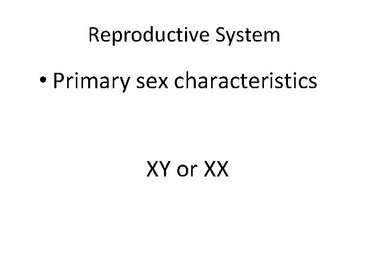 Reproductive System • Primary sex characteristics XY or XX 