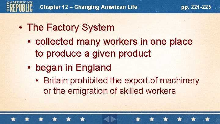 Chapter 12 – Changing American Life pp. 221 -225 • The Factory System •