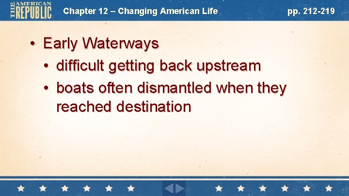 Chapter 12 – Changing American Life pp. 212 -219 • Early Waterways • difficult