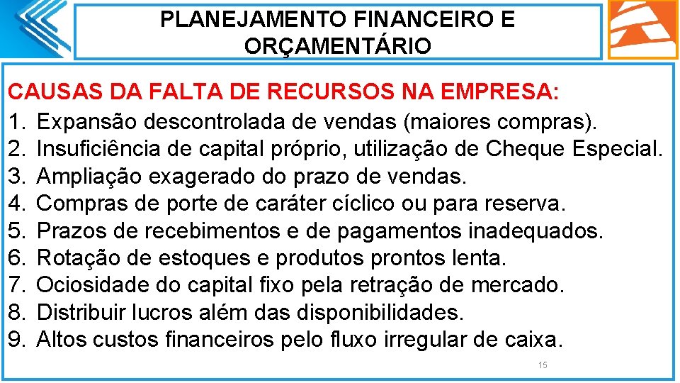 PLANEJAMENTO FINANCEIRO E ORÇAMENTÁRIO CAUSAS DA FALTA DE RECURSOS NA EMPRESA: 1. Expansão descontrolada