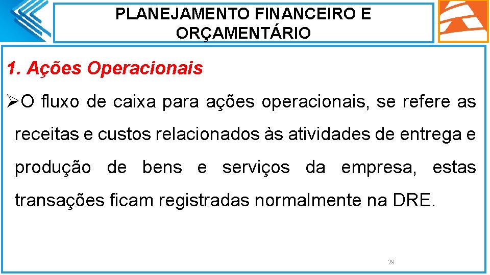 PLANEJAMENTO FINANCEIRO E ORÇAMENTÁRIO 1. Ações Operacionais ØO fluxo de caixa para ações operacionais,