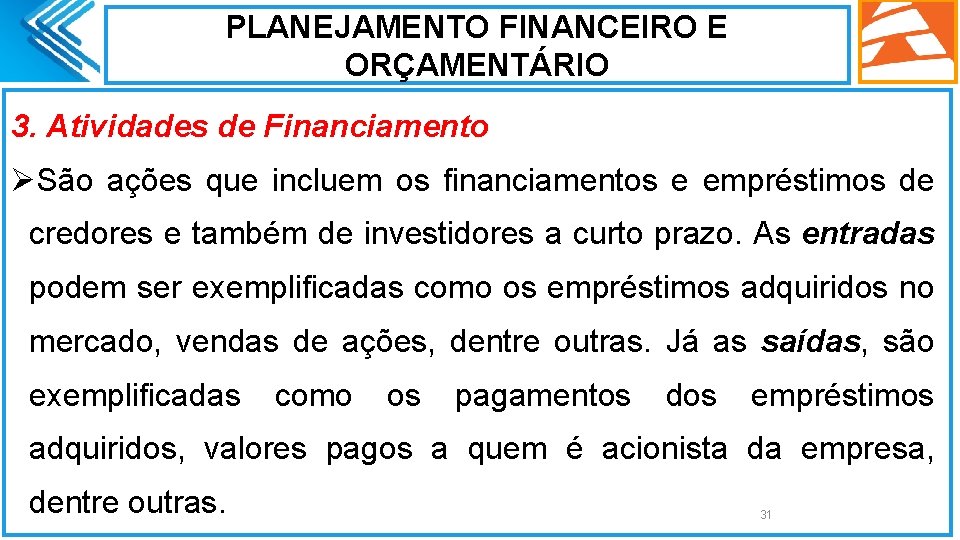 PLANEJAMENTO FINANCEIRO E ORÇAMENTÁRIO 3. Atividades de Financiamento ØSão ações que incluem os financiamentos