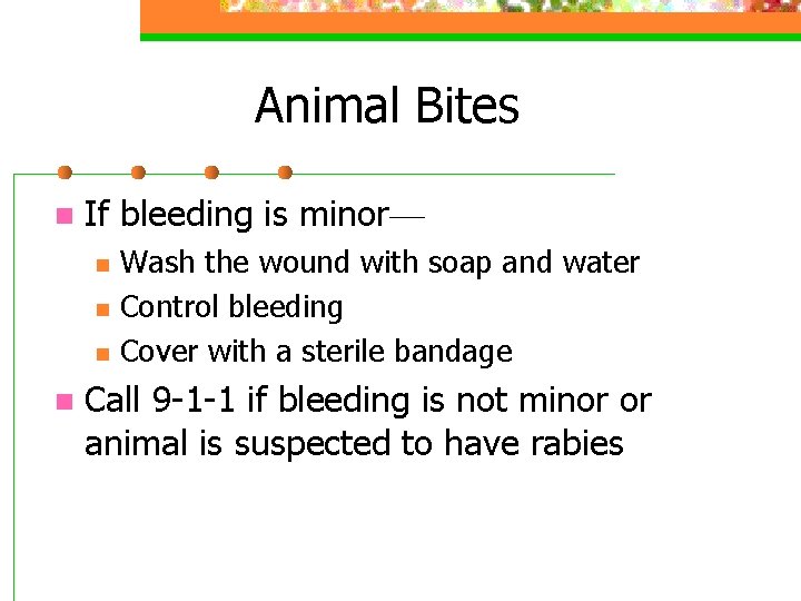 Animal Bites n If bleeding is minor— n n Wash the wound with soap