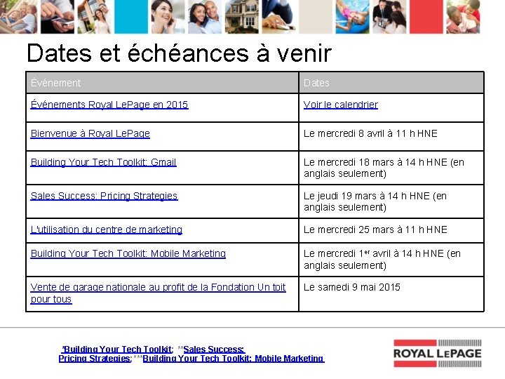 Dates et échéances à venir Événement Dates Événements Royal Le. Page en 2015 Voir