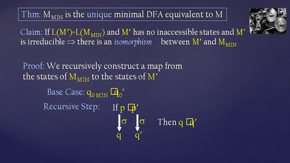 Thm: MMIN is the unique minimal DFA equivalent to M Claim: If L(M )=L(MMIN)