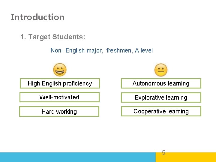Introduction 1. Target Students: Non- English major, freshmen, A level High English proficiency Autonomous