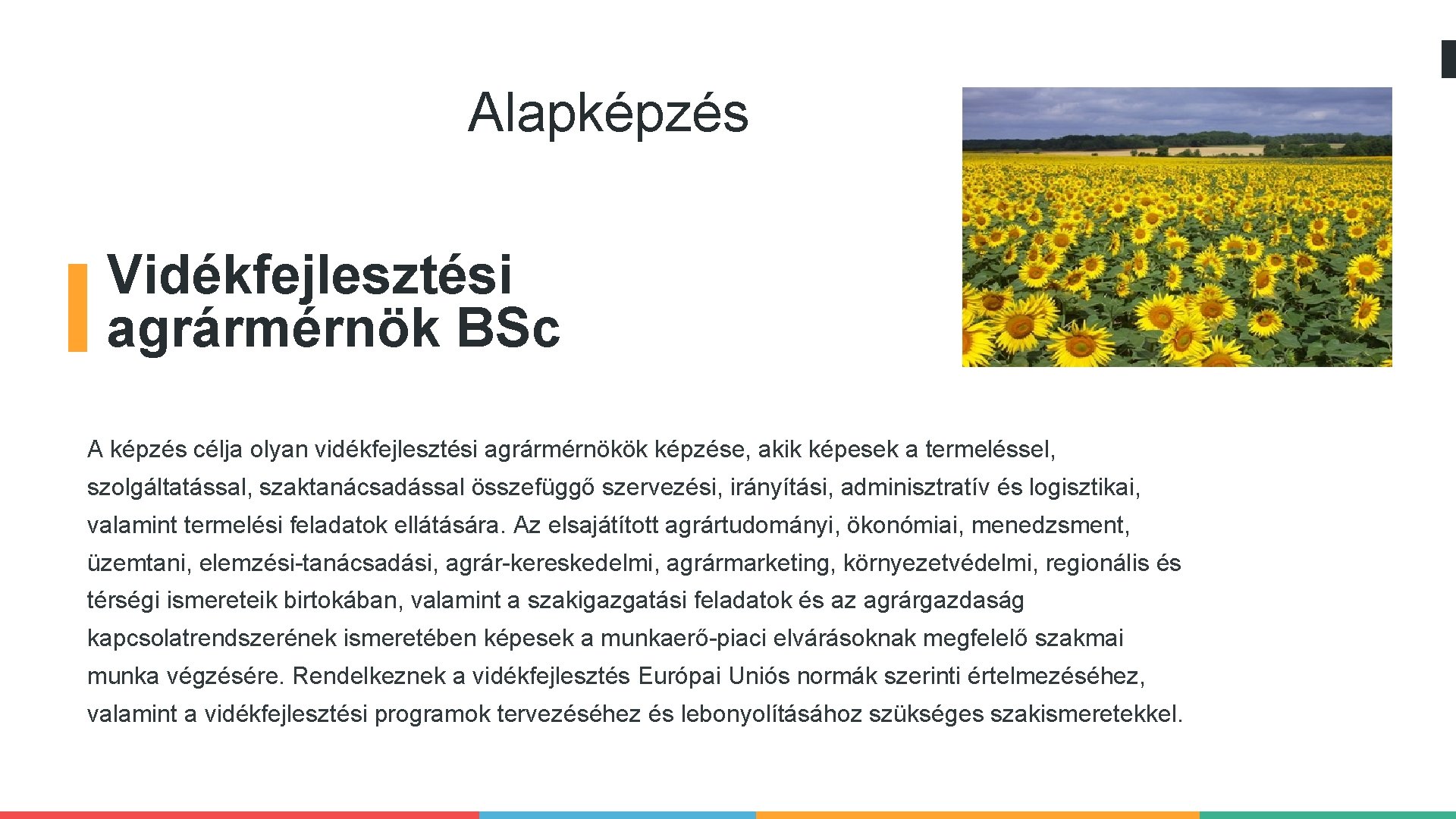 Alapképzés Vidékfejlesztési agrármérnök BSc A képzés célja olyan vidékfejlesztési agrármérnökök képzése, akik képesek a