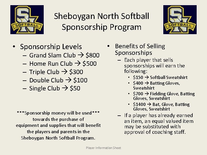 Sheboygan North Softball Sponsorship Program • Sponsorship Levels – – – Grand Slam Club