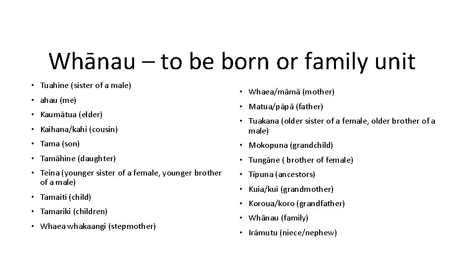 Whānau – to be born or family unit • Tuahine (sister of a male)