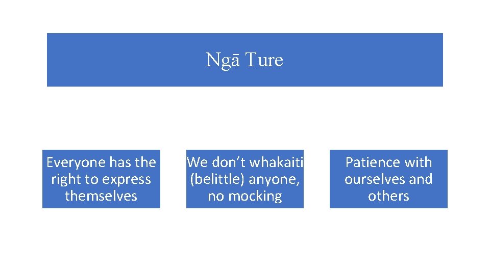 Ngā Ture Everyone has the right to express themselves We don’t whakaiti (belittle) anyone,