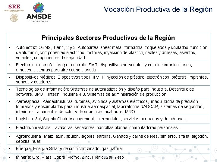 Vocación Productiva de la Región Principales Sectores Productivos de la Región • Automotriz: OEMS,