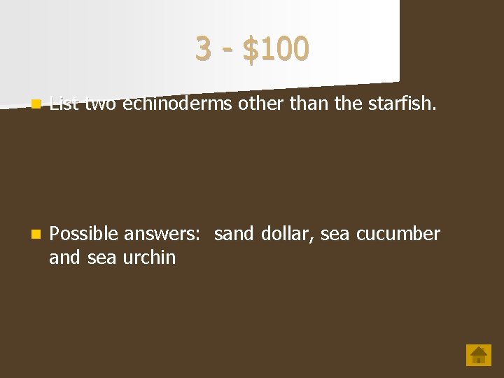 3 - $100 n List two echinoderms other than the starfish. n Possible answers: