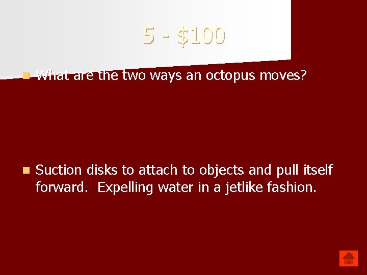 5 - $100 n What are the two ways an octopus moves? n Suction