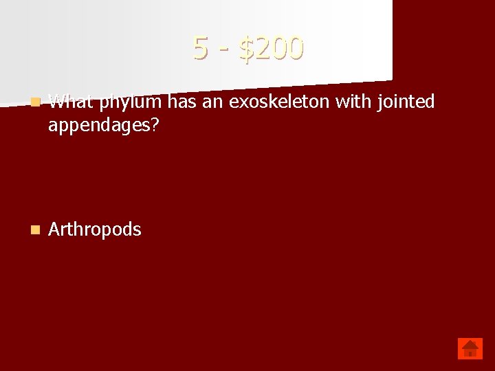 5 - $200 n What phylum has an exoskeleton with jointed appendages? n Arthropods