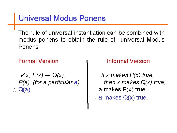 Universal Modus Ponens The rule of universal instantiation can be combined with modus ponens