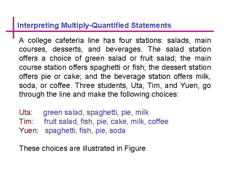 Interpreting Multiply-Quantified Statements A college cafeteria line has four stations: salads, main courses, desserts,