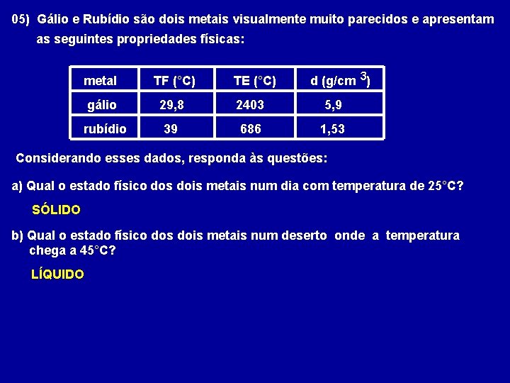 05) Gálio e Rubídio são dois metais visualmente muito parecidos e apresentam as seguintes 05) Gálio e Rubídio são dois metais visualmente muito parecidos e apresentam as seguintes