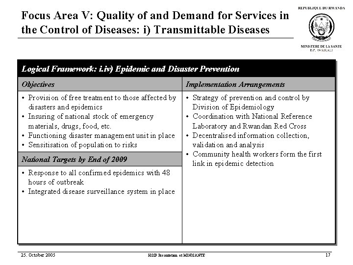 Focus Area V: Quality of and Demand for Services in the Control of Diseases:
