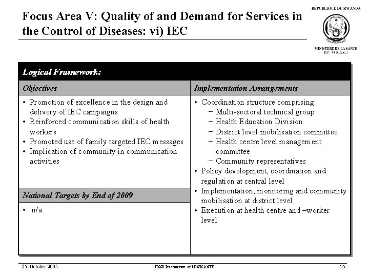 Focus Area V: Quality of and Demand for Services in the Control of Diseases: