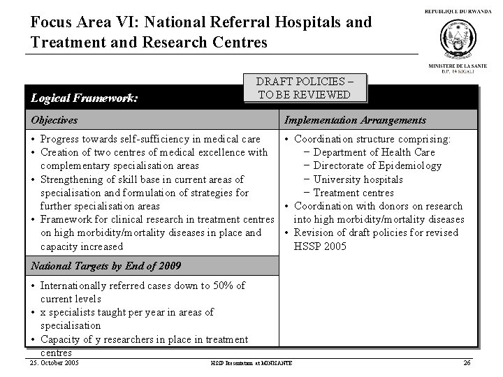 Focus Area VI: National Referral Hospitals and Treatment and Research Centres DRAFT POLICIES –
