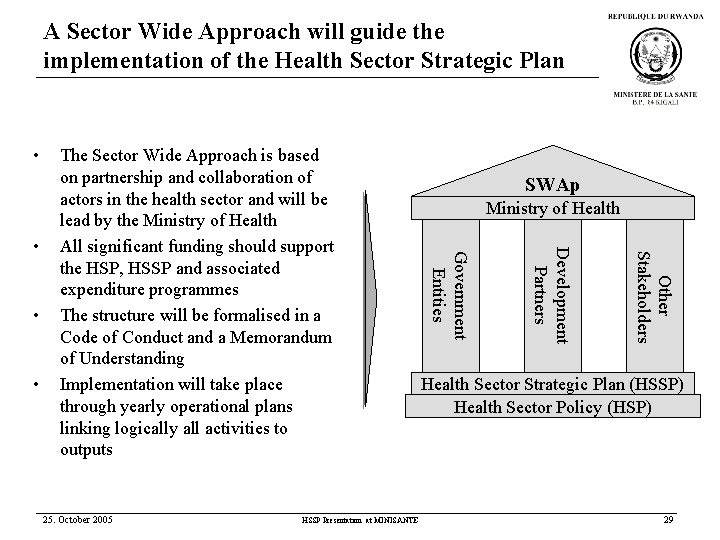 A Sector Wide Approach will guide the implementation of the Health Sector Strategic Plan