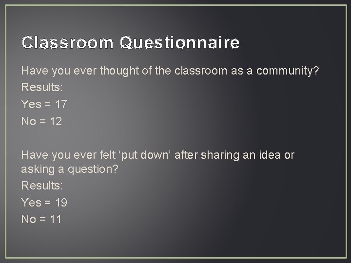 Classroom Questionnaire Have you ever thought of the classroom as a community? Results: Yes