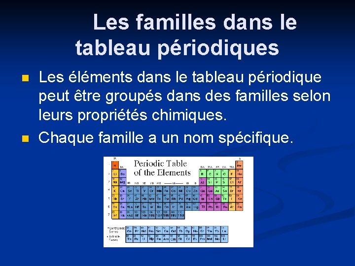 Les familles dans le tableau périodiques n n Les éléments dans le tableau périodique