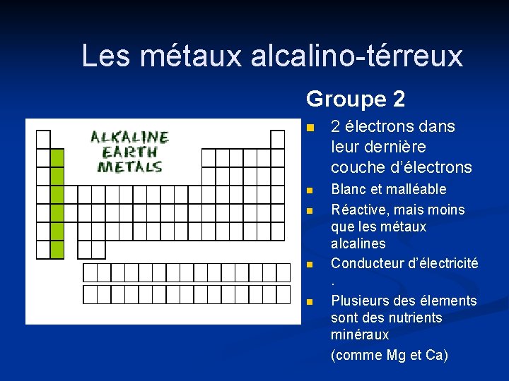 Les métaux alcalino-térreux Groupe 2 n 2 électrons dans leur dernière couche d’électrons n