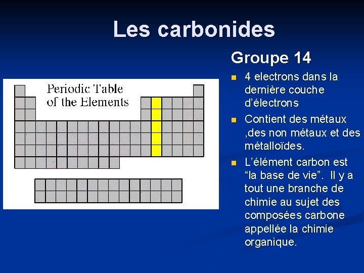 Les carbonides Groupe 14 n n n 4 electrons dans la dernière couche d’électrons