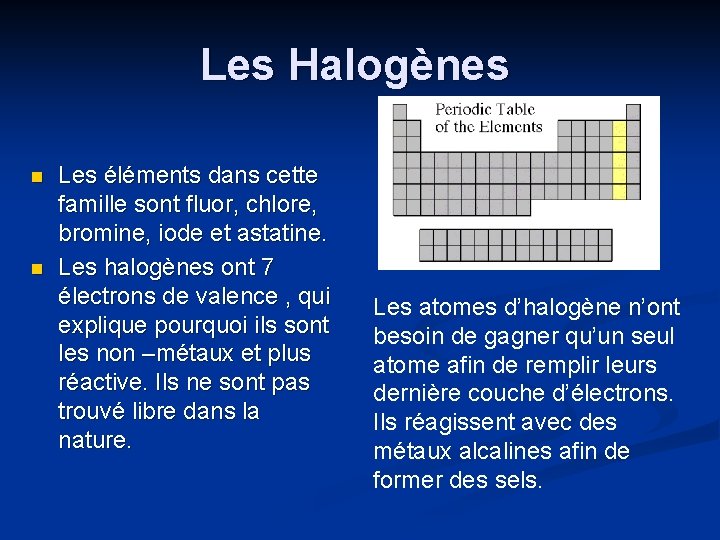 Les Halogènes n n Les éléments dans cette famille sont fluor, chlore, bromine, iode
